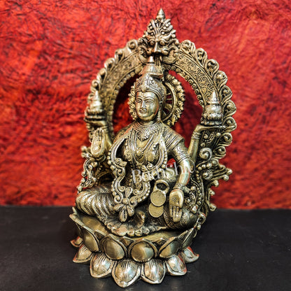 Pure Brass Handcrafted Lakshmi Idol on Lotus Base with Prabhavali Frame | 15.5" - Budhshiv.com