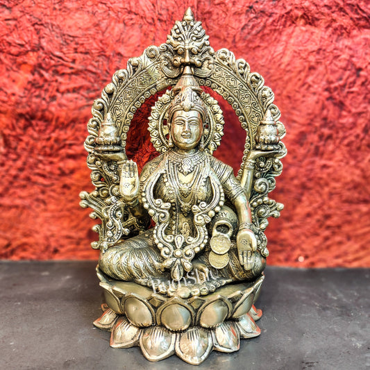 Pure Brass Handcrafted Lakshmi Idol on Lotus Base with Prabhavali Frame | 15.5" - Budhshiv.com