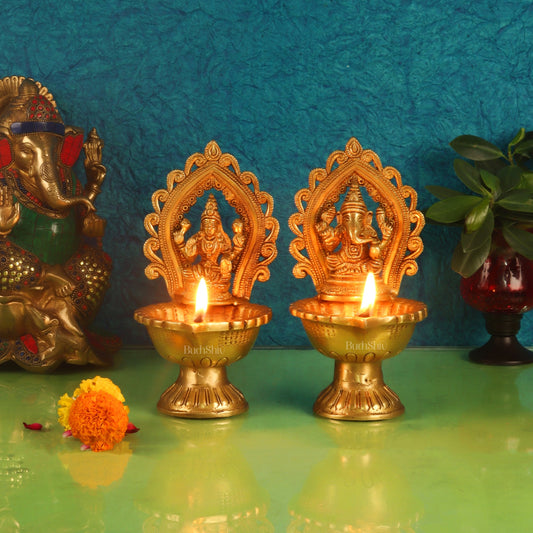 Pure Brass Handmade Ganesha and Lakshmi Oil Lamps Pair 8.5" - Budhshiv.com