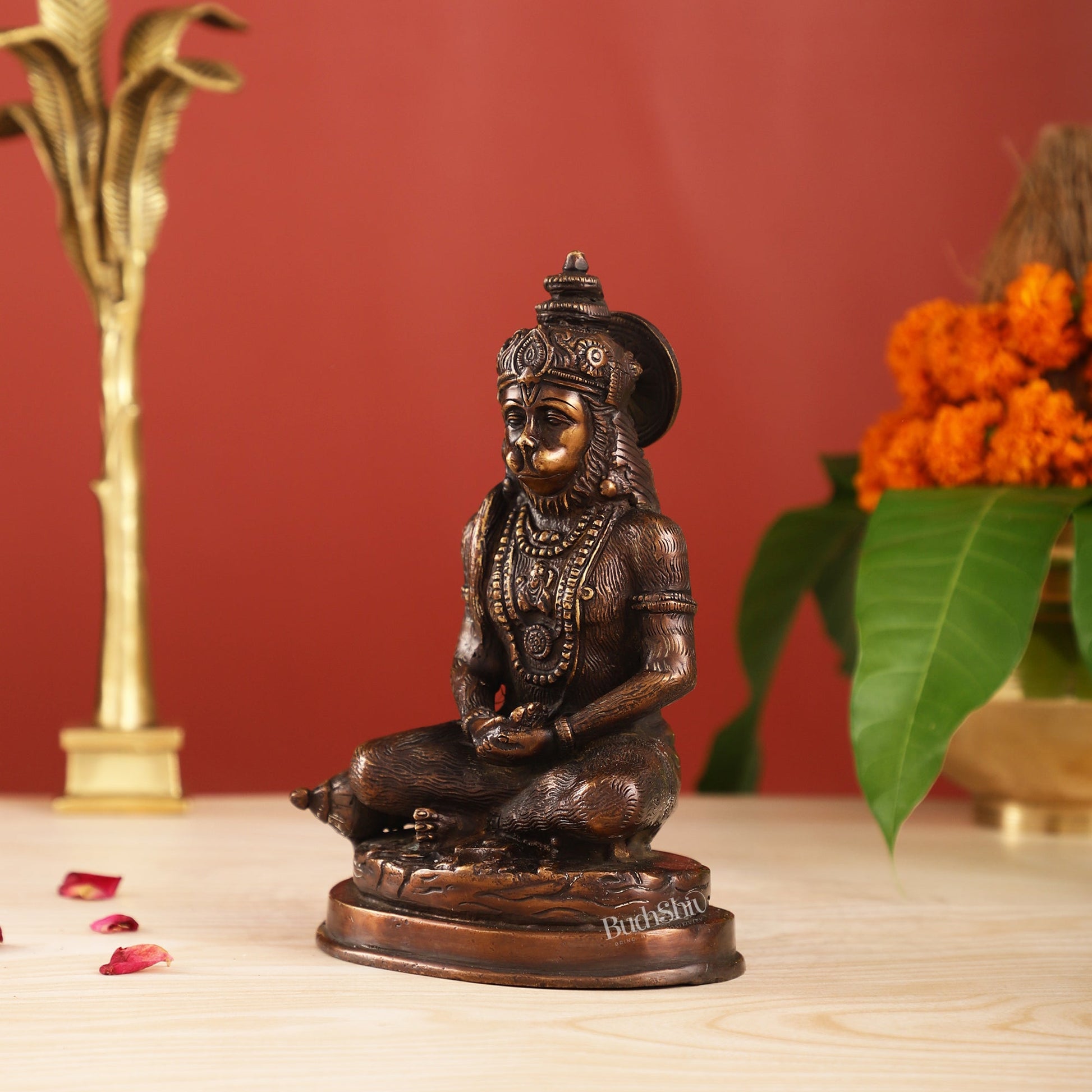 Pure Brass Hanuman Statue | Brown Finish 7 inch - Budhshiv.com