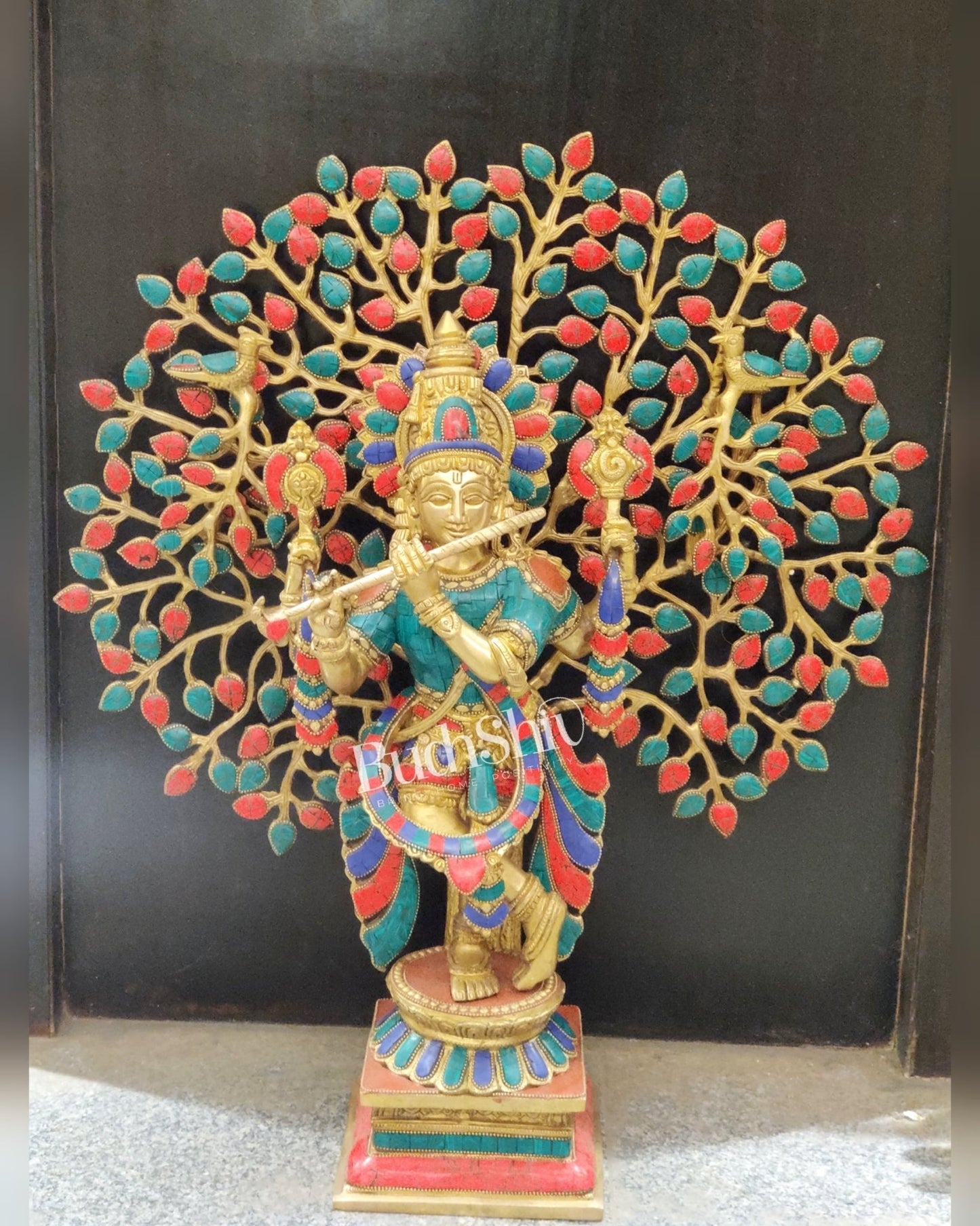 Pure Brass Krishna Charbhuja Statue with Kalpavriksha Tree - Meenakari Stonework - 24 inch - Budhshiv.com