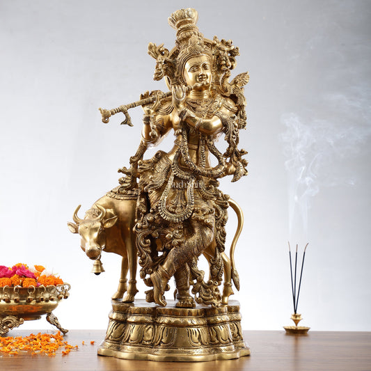 Pure Brass Krishna with Cow Idol: Divine Symbol of Love and Health, 26.5 inch - Budhshiv.com