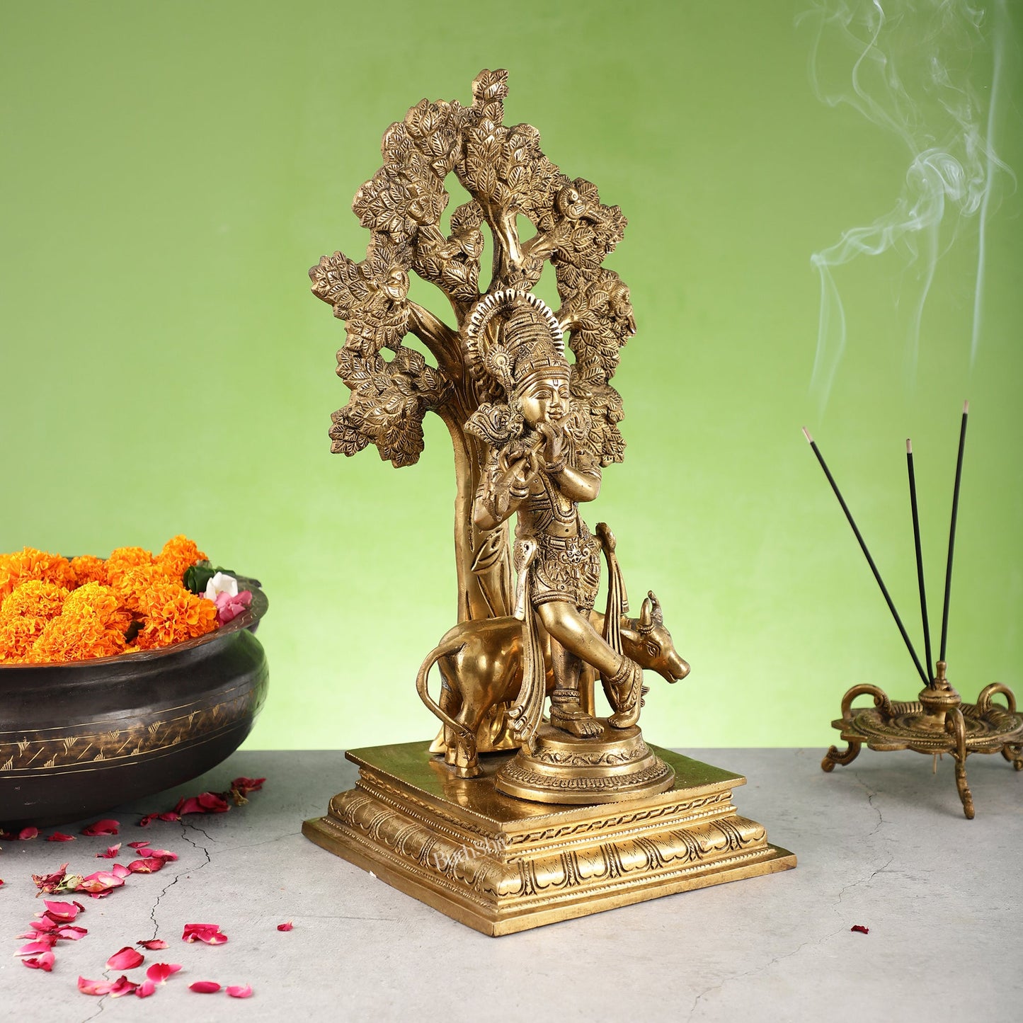 Pure Brass Krishna with Cow under Kalpavriksha Tree - 16.5 inch - Budhshiv.com