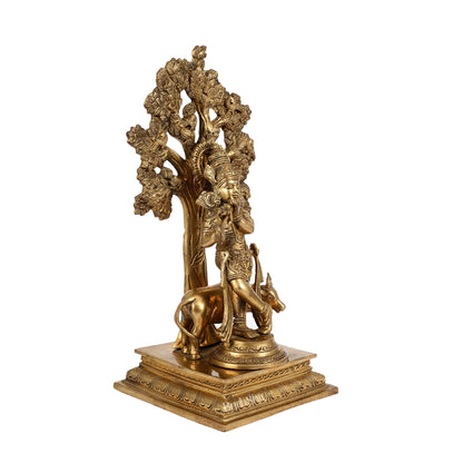 Pure Brass Krishna with Cow under Kalpavriksha Tree - 16.5 inch - Budhshiv.com