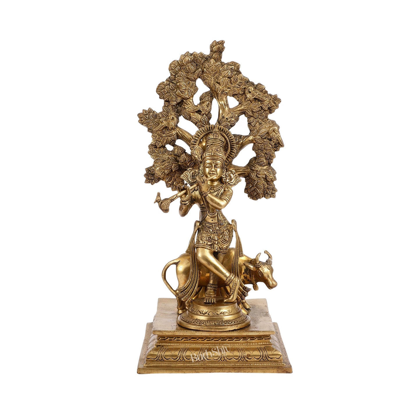 Pure Brass Krishna with Cow under Kalpavriksha Tree - 16.5 inch - Budhshiv.com