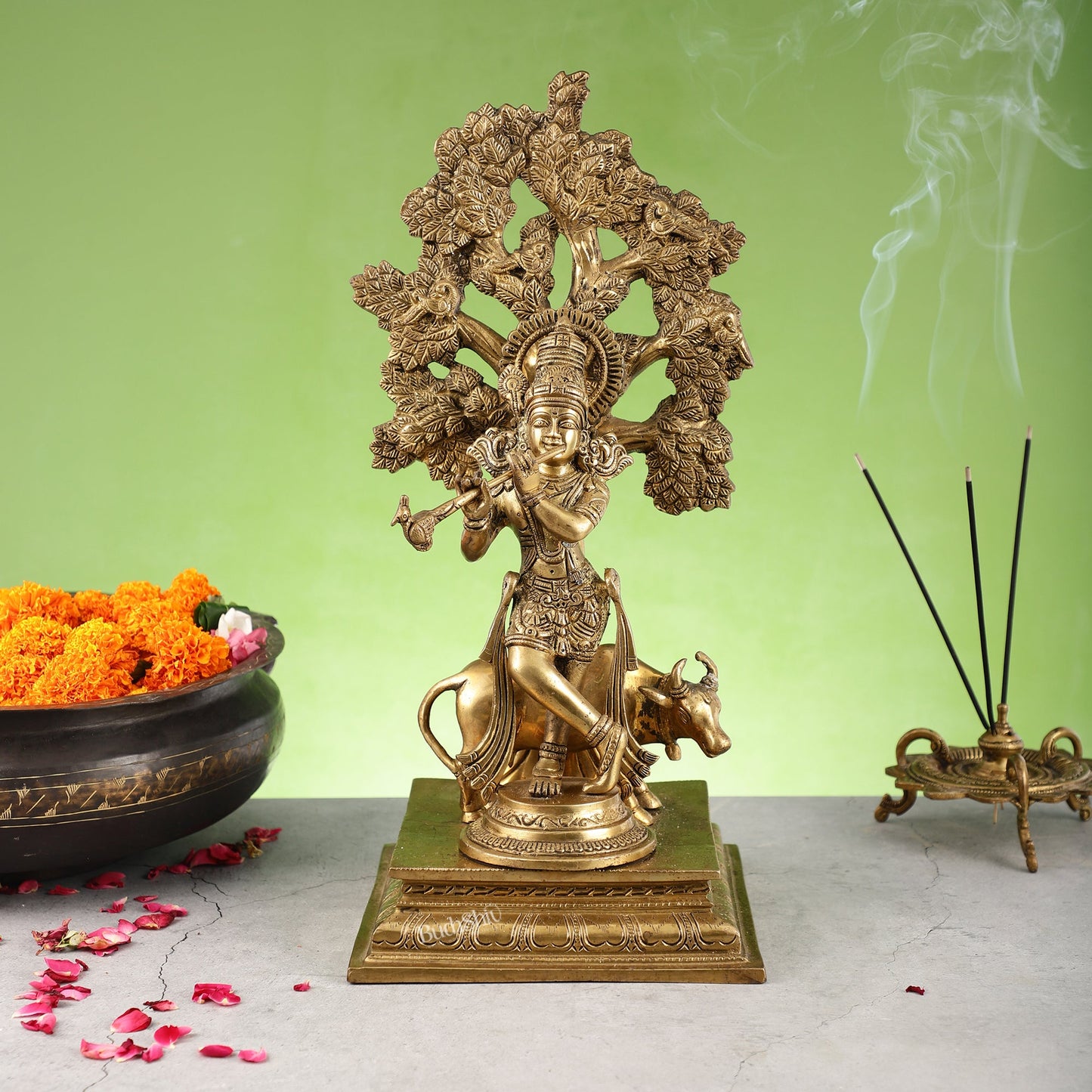 Pure Brass Krishna with Cow under Kalpavriksha Tree - 16.5 inch - Budhshiv.com