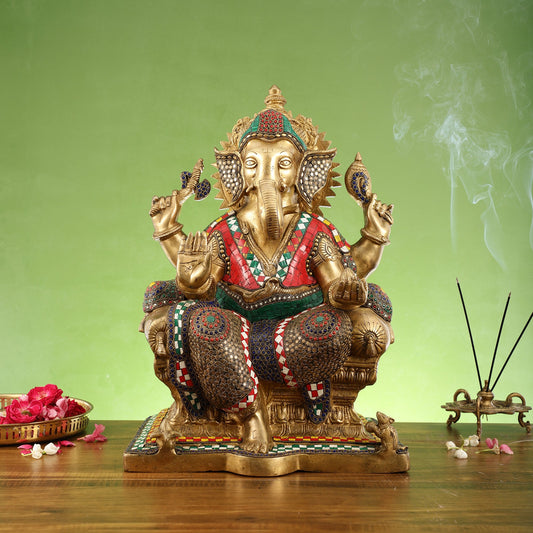 Pure Brass Lord Ganesha on Large Throne - Handcrafted Brass Murti, 20" Height - Budhshiv.com