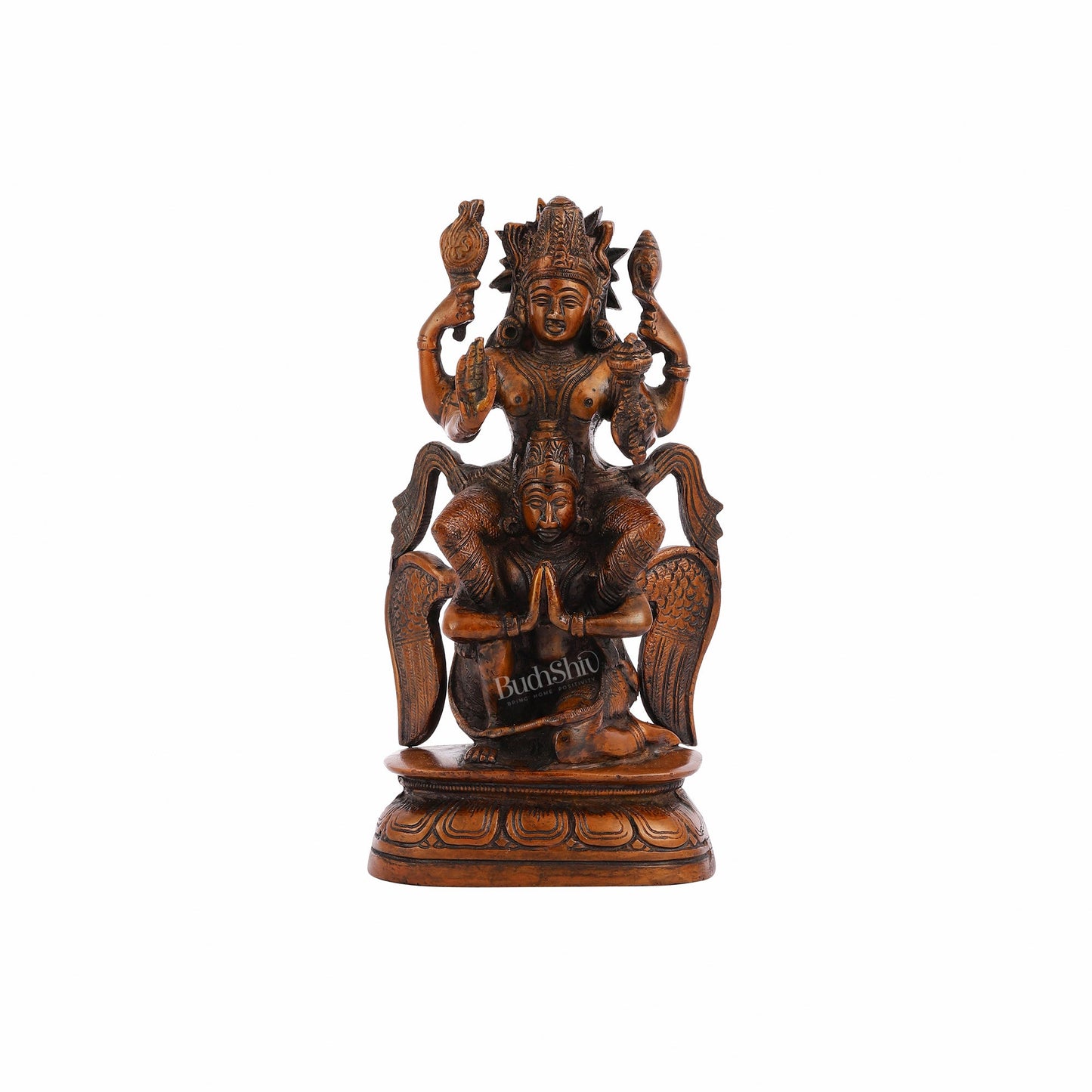 Pure Brass Lord Vishnu Seated on Garuda Statue - 8" - Budhshiv.com