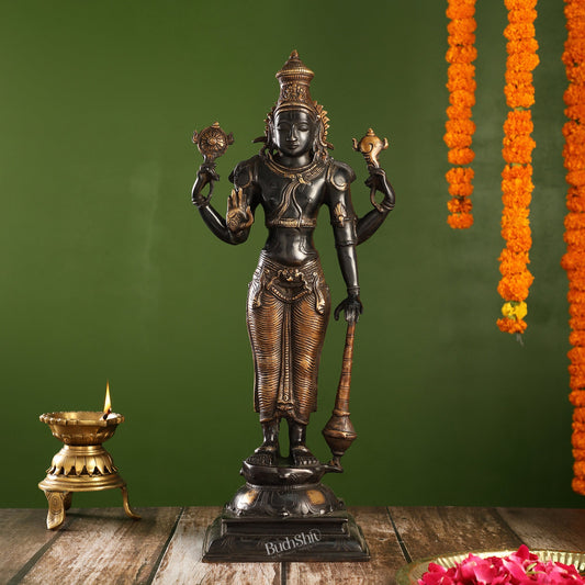 Pure Brass Lord Vishnu Statue | 20" Height | Black Gold Finish - Budhshiv.com