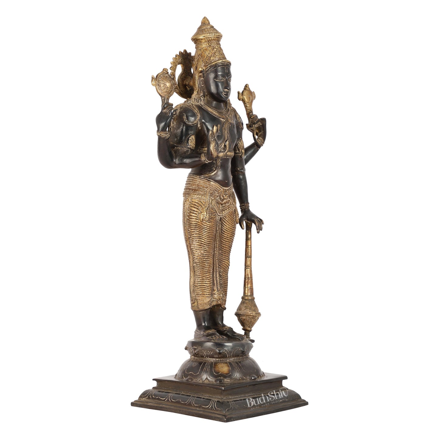 Pure Brass Lord Vishnu Statue | 20" Height | Sand Finish Black & Golden - Budhshiv.com