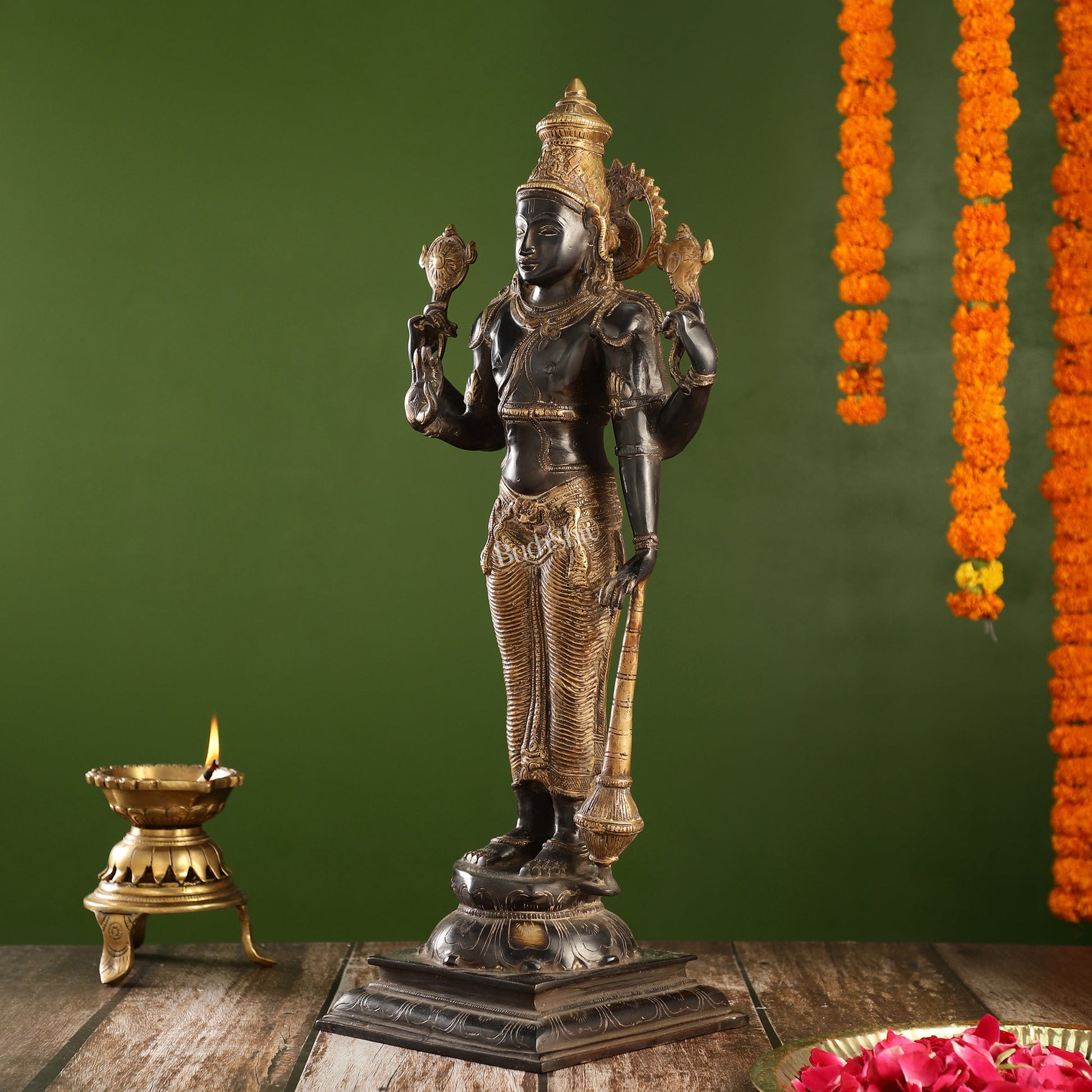 Pure Brass Lord Vishnu Statue | 20" Height | Sand Finish Black & Golden - Budhshiv.com