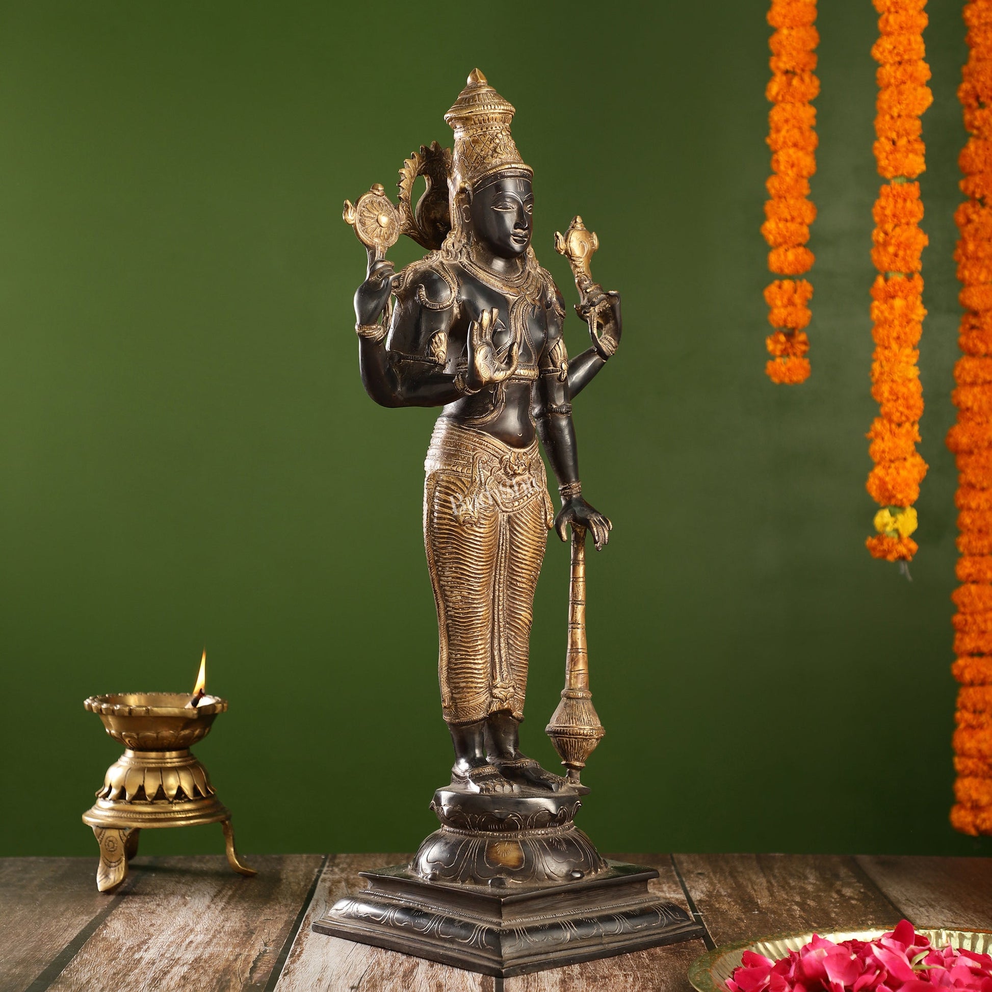 Pure Brass Lord Vishnu Statue | 20" Height | Sand Finish Black & Golden - Budhshiv.com