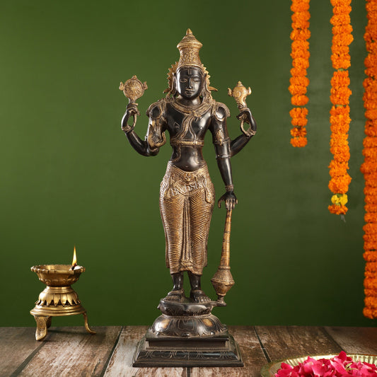 Pure Brass Lord Vishnu Statue | 20" Height | Sand Finish Black & Golden - Budhshiv.com