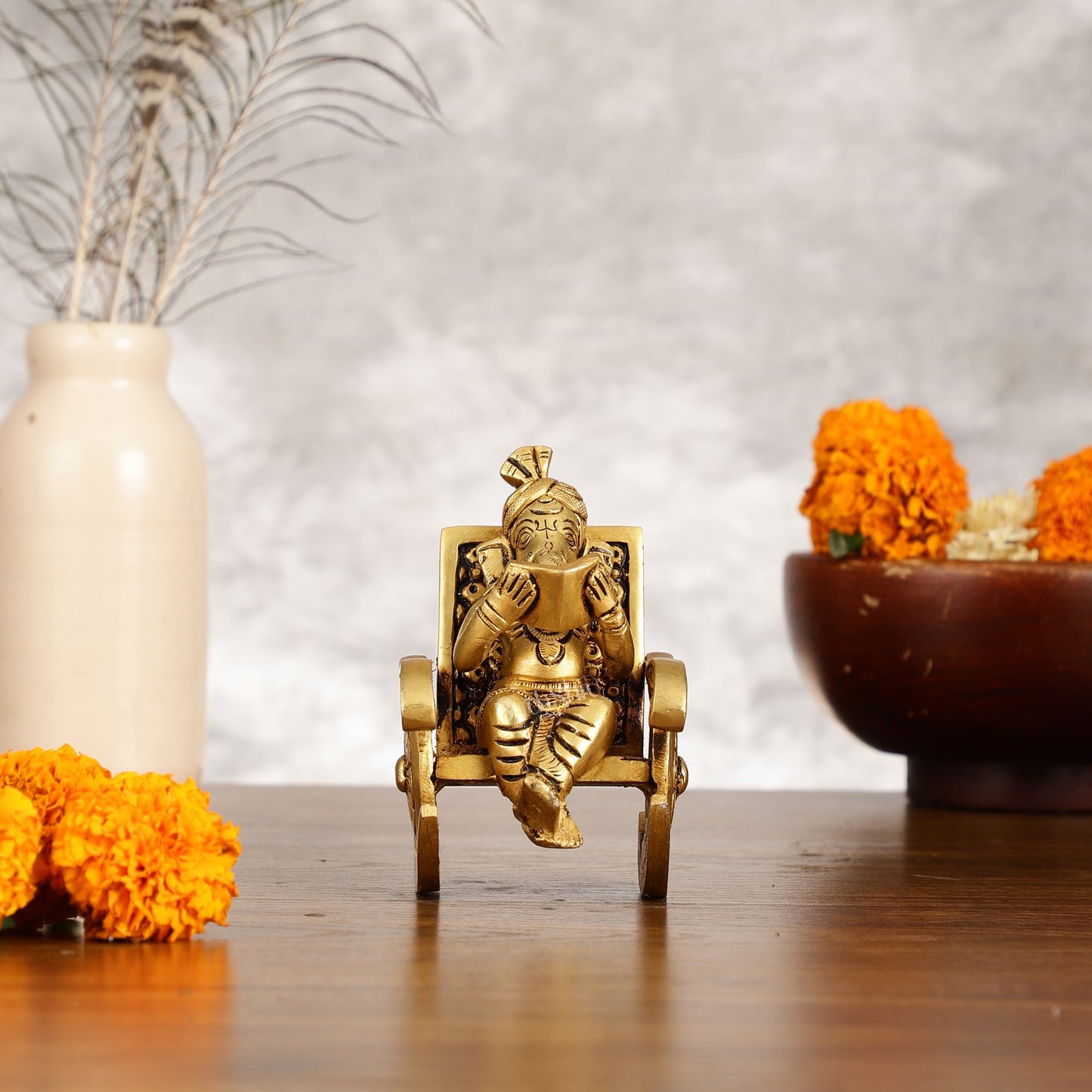Pure Brass Miniature Lord Ganesha idol on Chair - 4.5 inch - Budhshiv.com