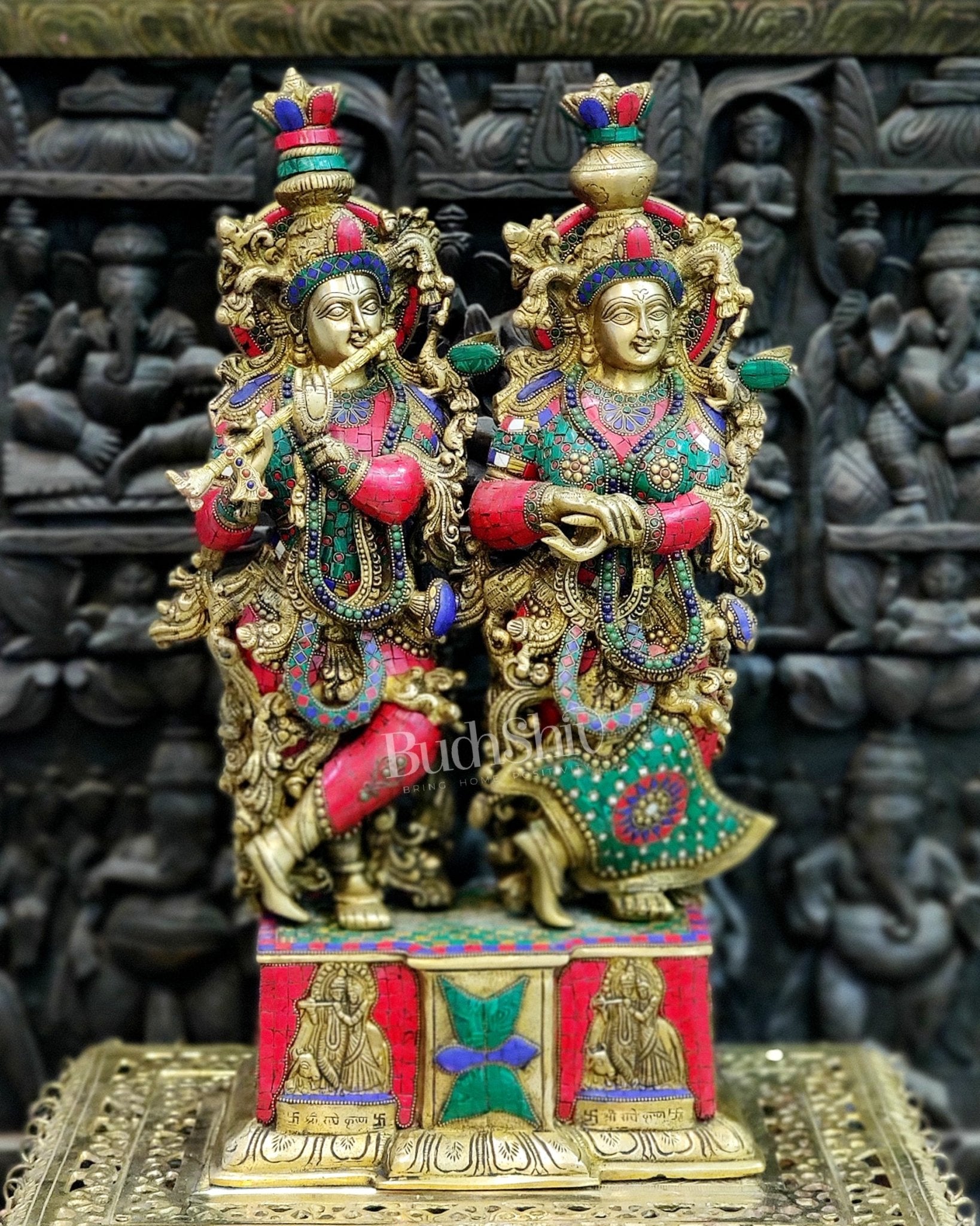 Pure Brass Radha Krishna Idol - 24" Height | Engraved Base with Stonework - Budhshiv.com