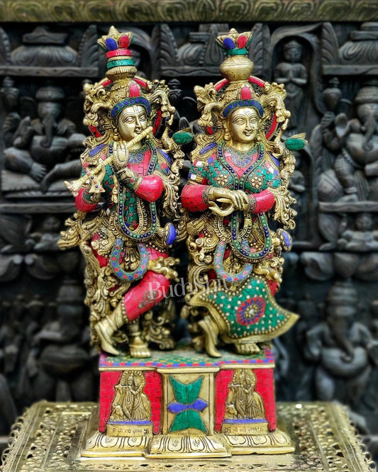 Pure Brass Radha Krishna Idol - 24" Height | Engraved Base with Stonework - Budhshiv.com