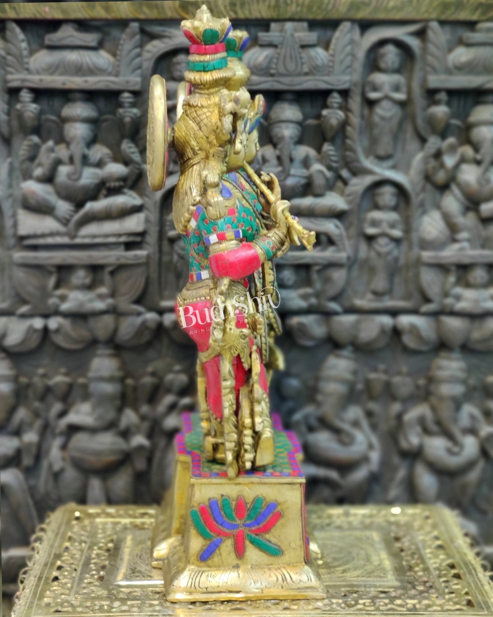 Pure Brass Radha Krishna Idol - 24" Height | Engraved Base with Stonework - Budhshiv.com