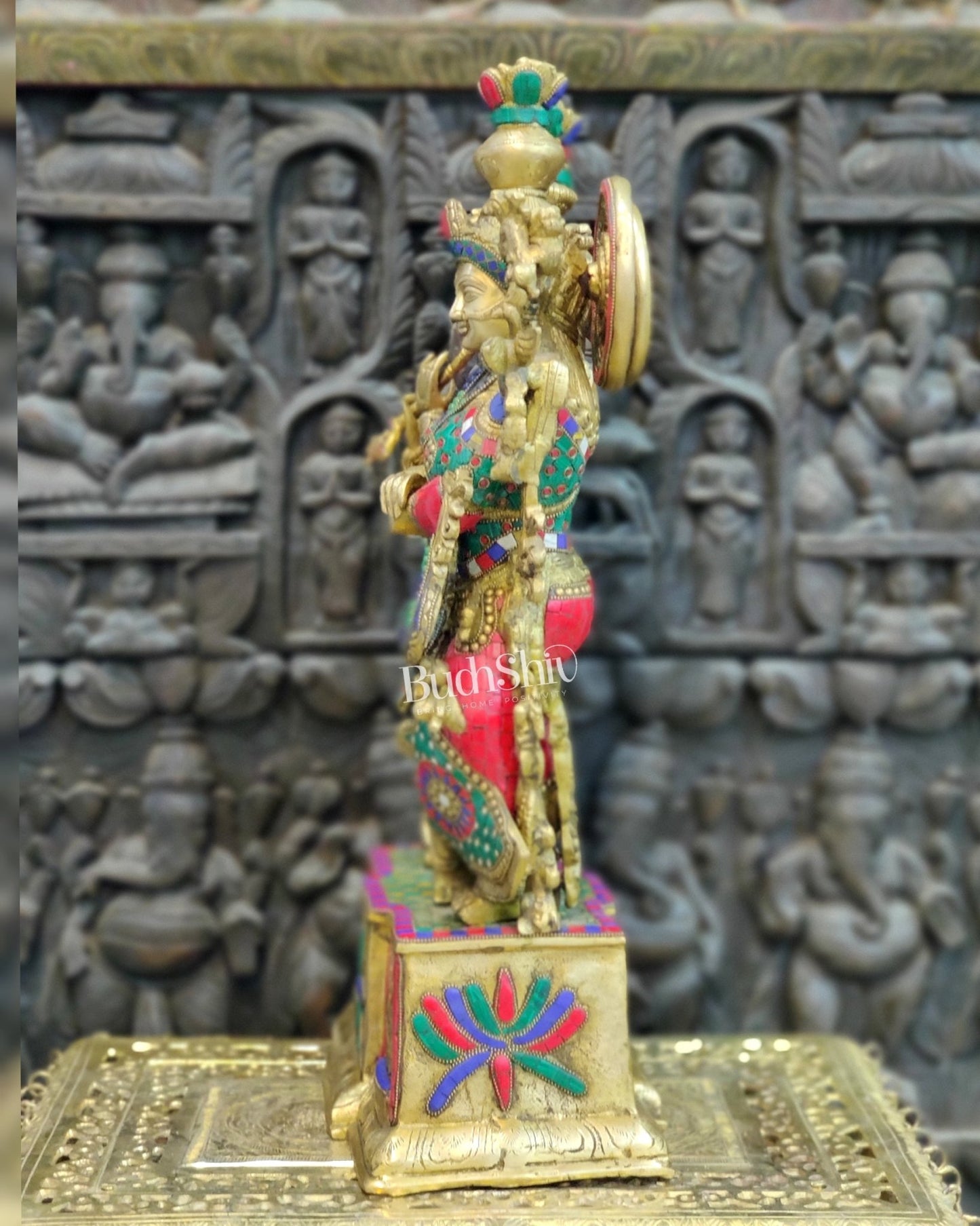 Pure Brass Radha Krishna Idol - 24" Height | Engraved Base with Stonework - Budhshiv.com