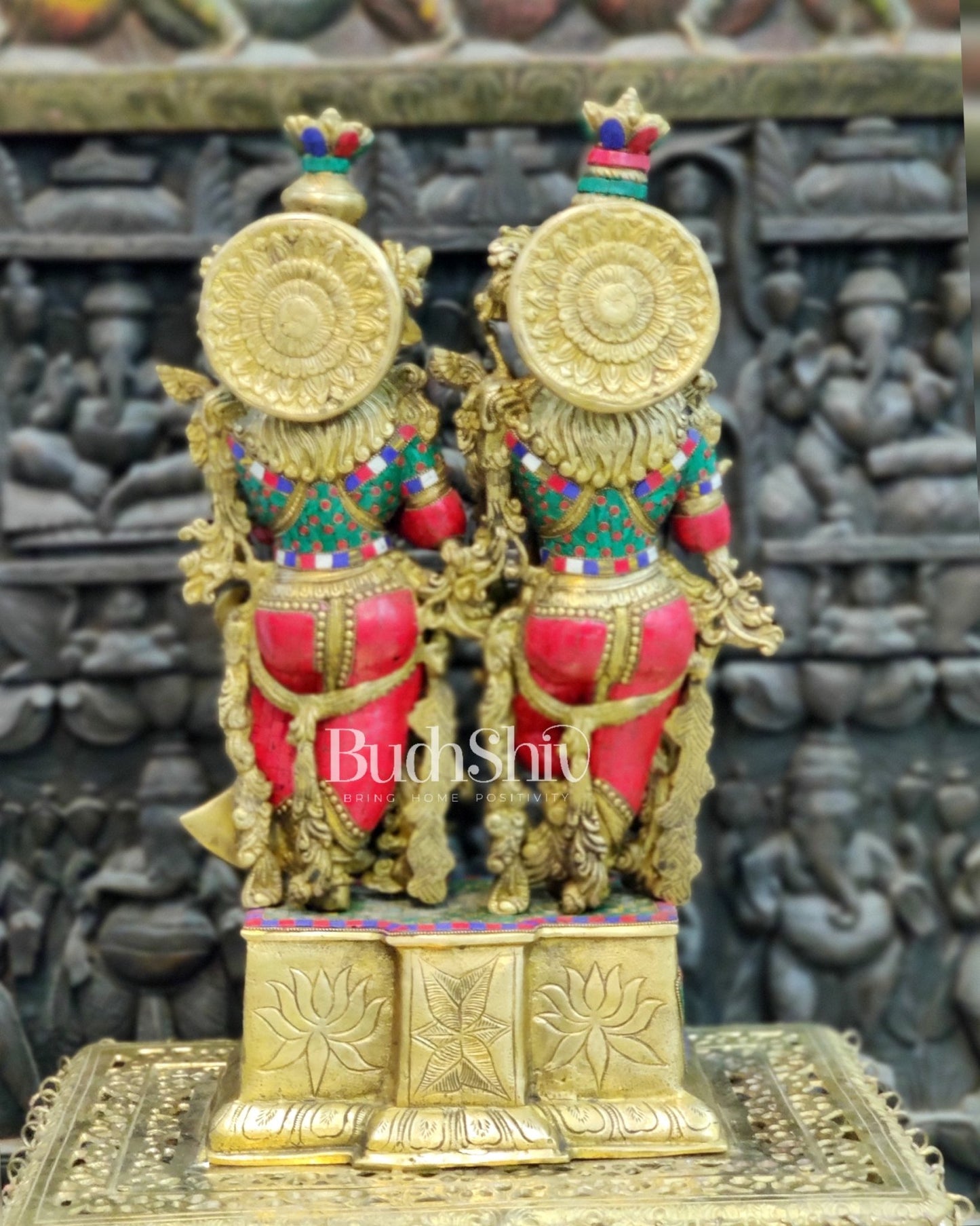 Pure Brass Radha Krishna Idol - 24" Height | Engraved Base with Stonework - Budhshiv.com