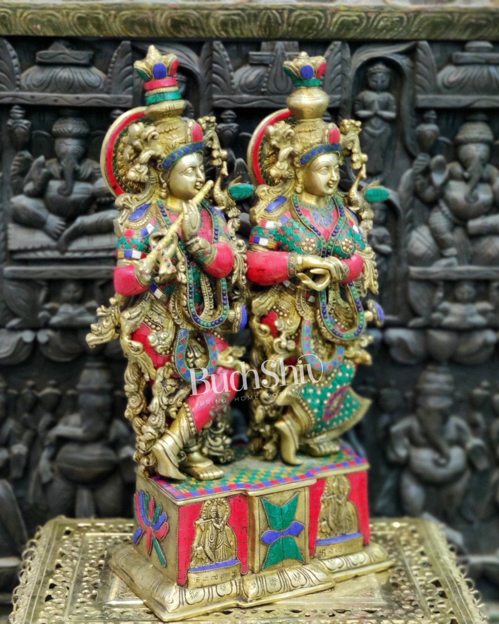 Pure Brass Radha Krishna Idol - 24" Height | Engraved Base with Stonework - Budhshiv.com