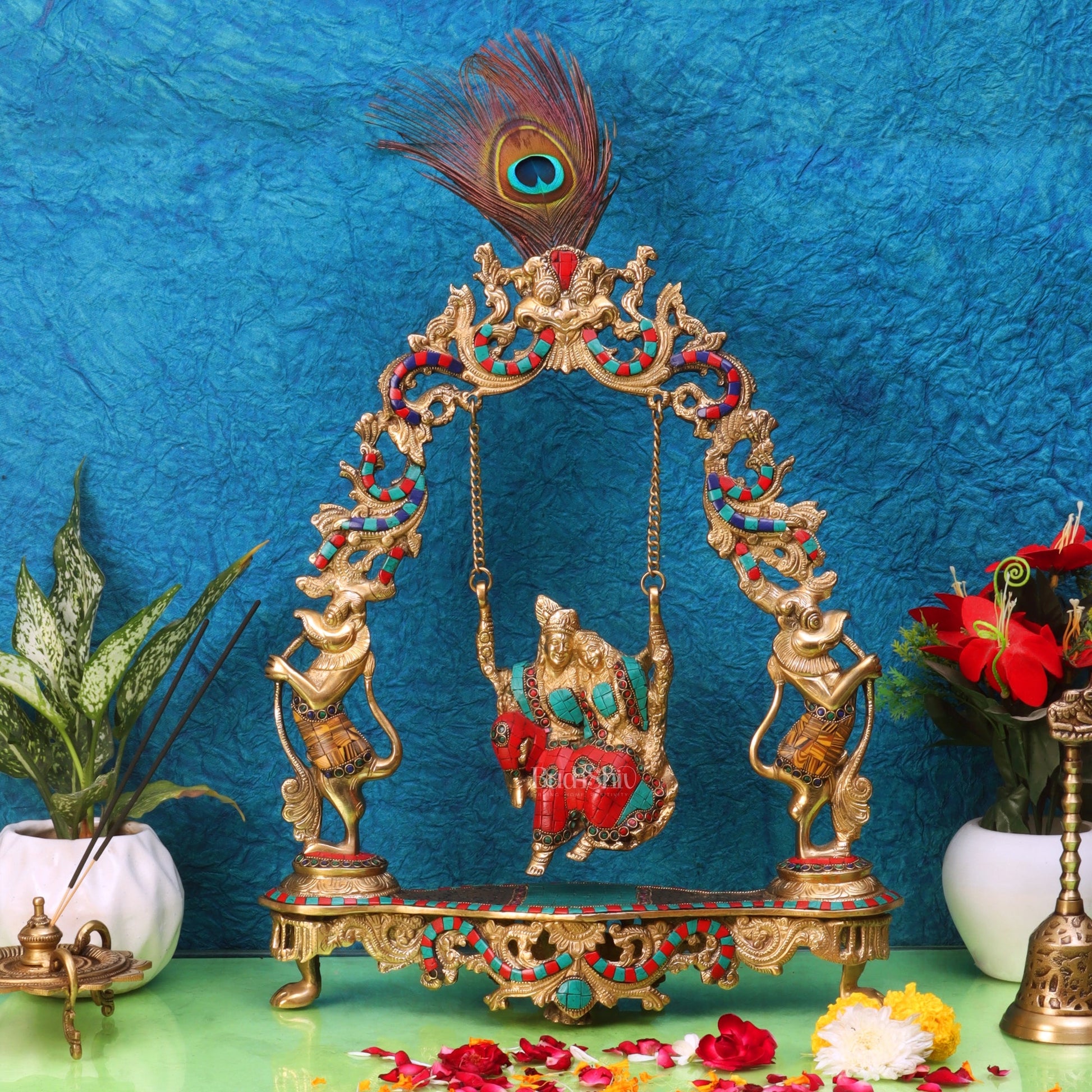 Pure Brass Radha Krishna on Swing - Handcrafted with Natural Stones 18 inch - Budhshiv.com