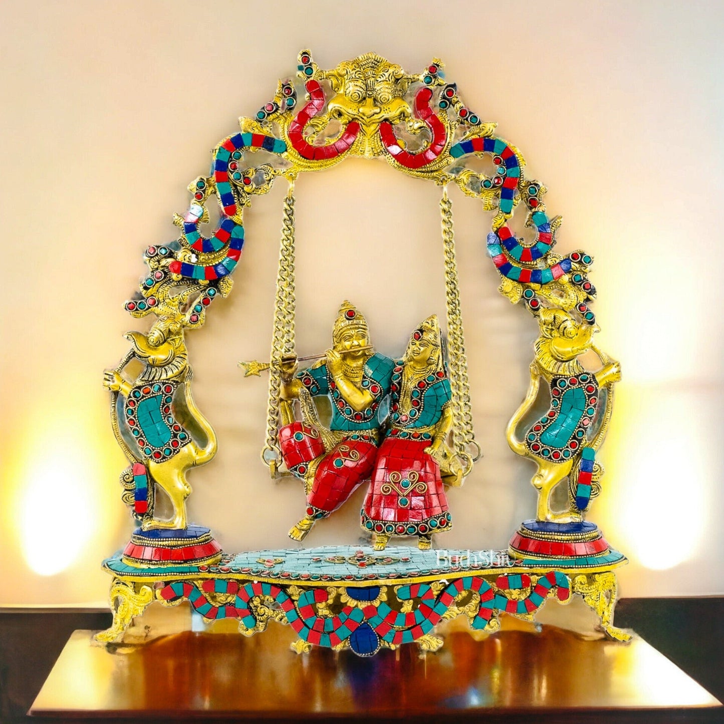 Pure Brass Radha Krishna on Swing - Handcrafted with Natural Stones 18 inch - Budhshiv.com