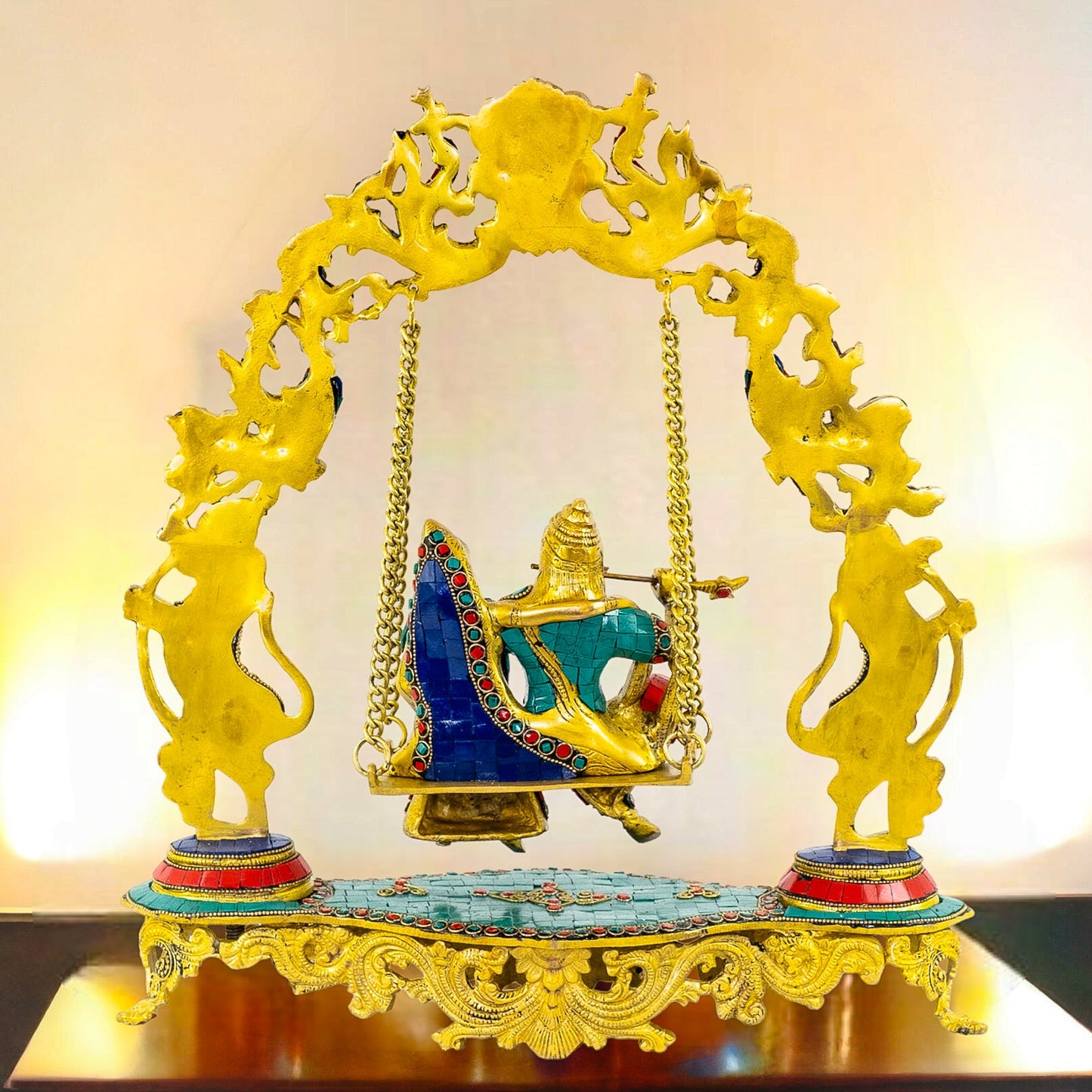 Pure Brass Radha Krishna on Swing - Handcrafted with Natural Stones 18 inch - Budhshiv.com