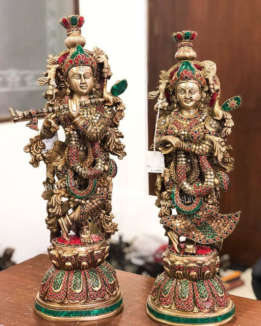 Pure Brass Radha Krishna Statue - Brass Rings and Stones studded - 21 inch - Budhshiv.com