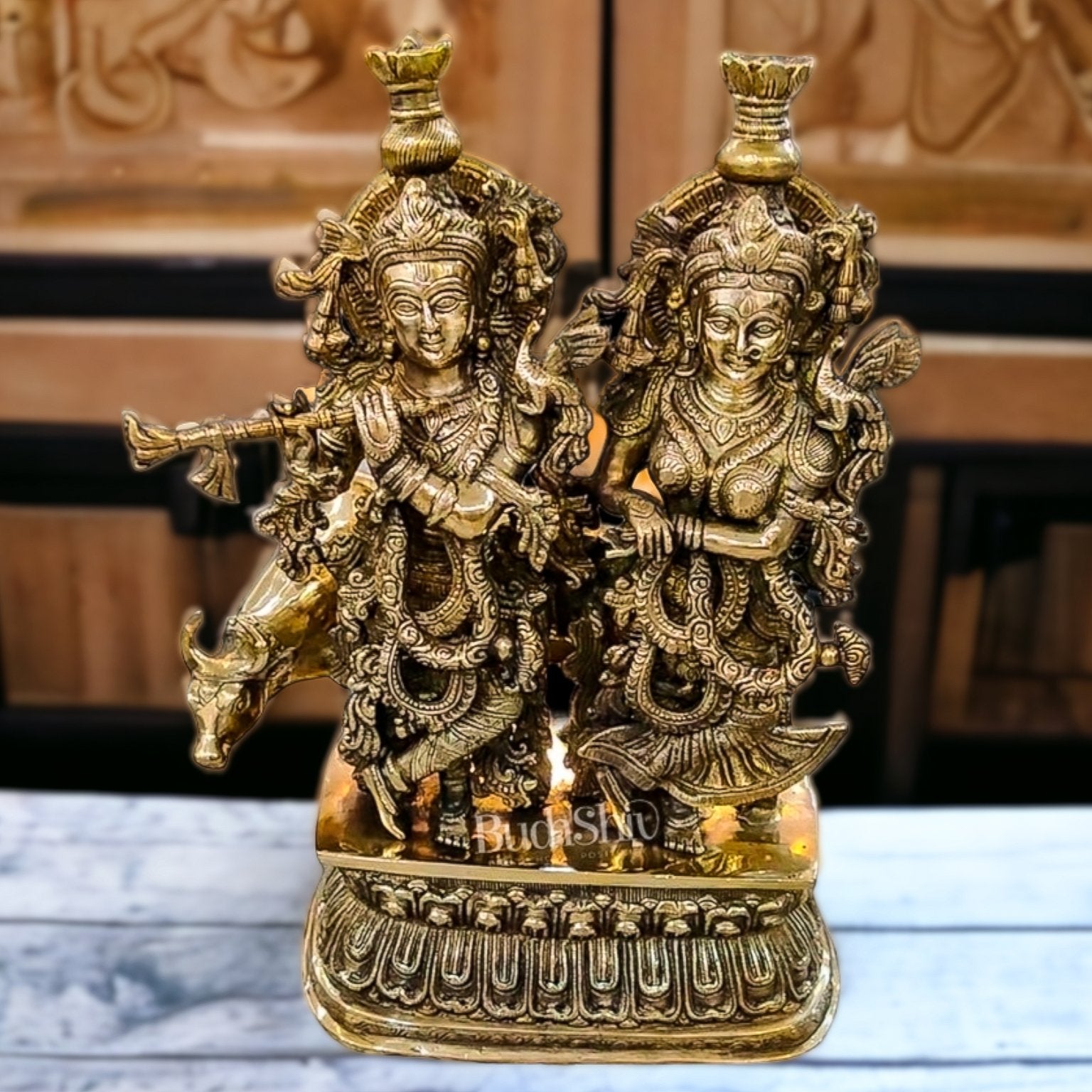 Buy Pure Brass Radha Krishna with cow 21 inches - Budhshiv.com