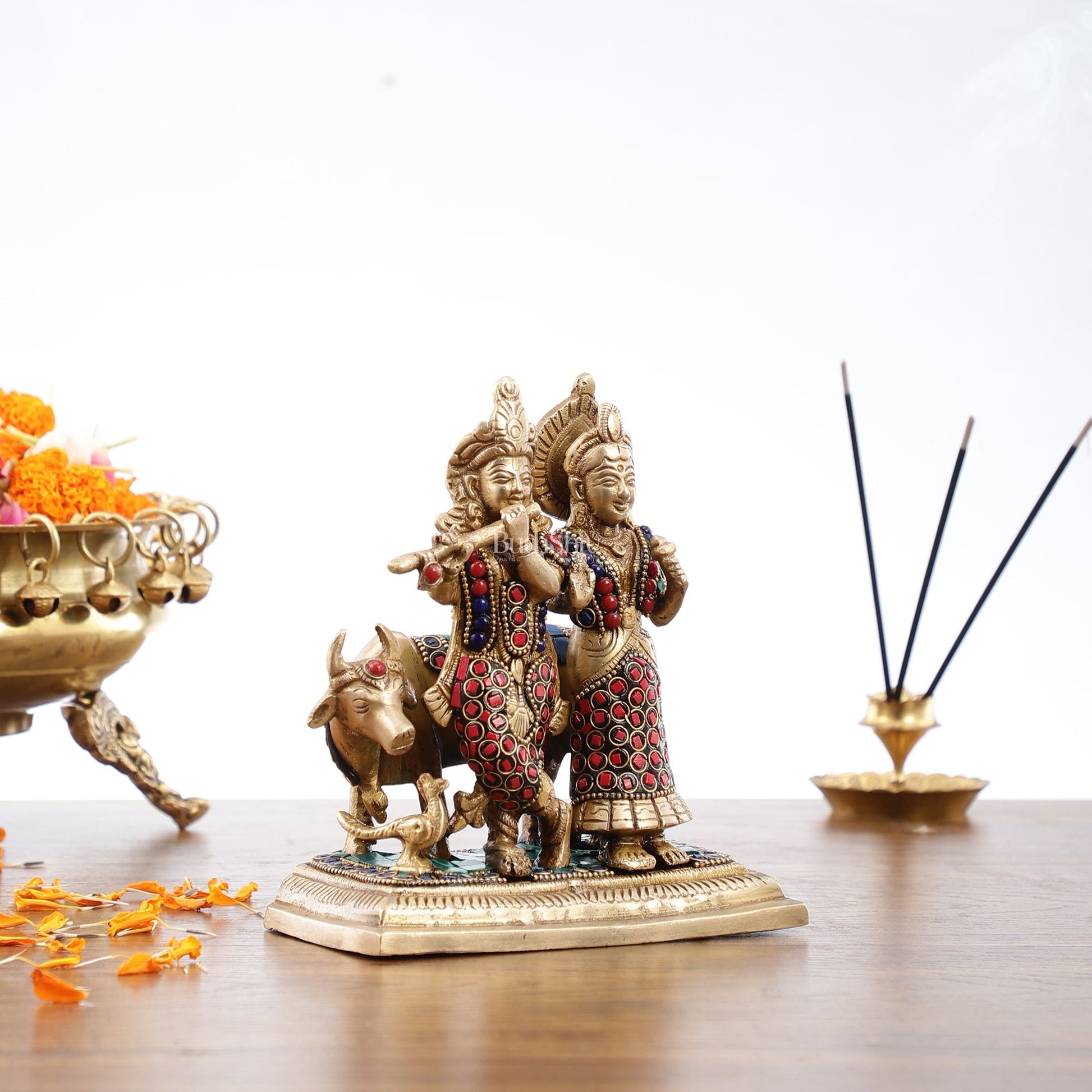 Pure Brass Radha Krishna with Cow Idol - Meenakari Stonework - 7" - Budhshiv.com