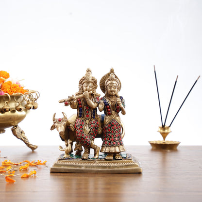 Pure Brass Radha Krishna with Cow Idol - Meenakari Stonework - 7" - Budhshiv.com