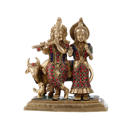 Pure Brass Radha Krishna with Cow Idol - Meenakari Stonework - 7" - Budhshiv.com