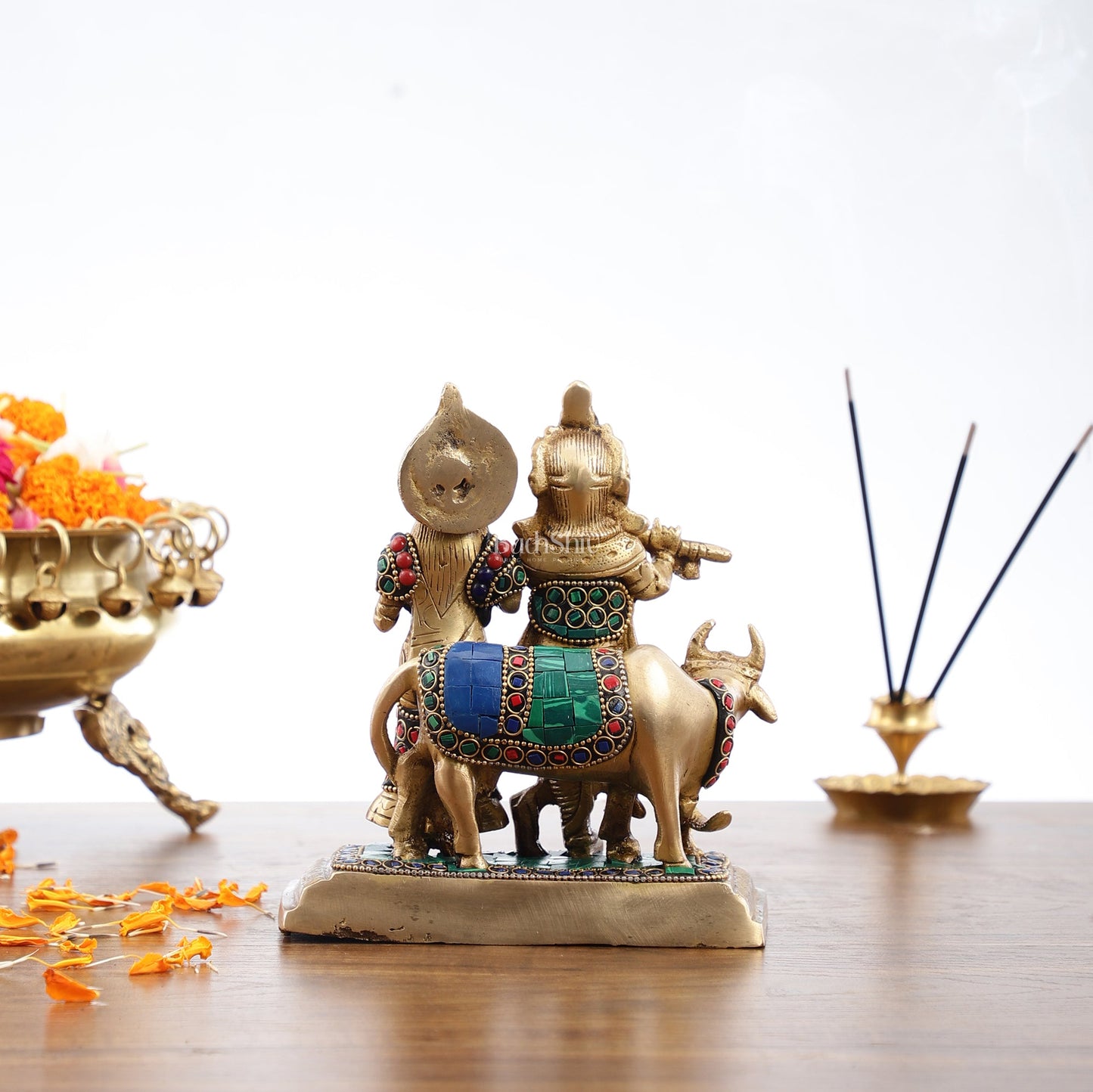Pure Brass Radha Krishna with Cow Idol - Meenakari Stonework - 7" - Budhshiv.com