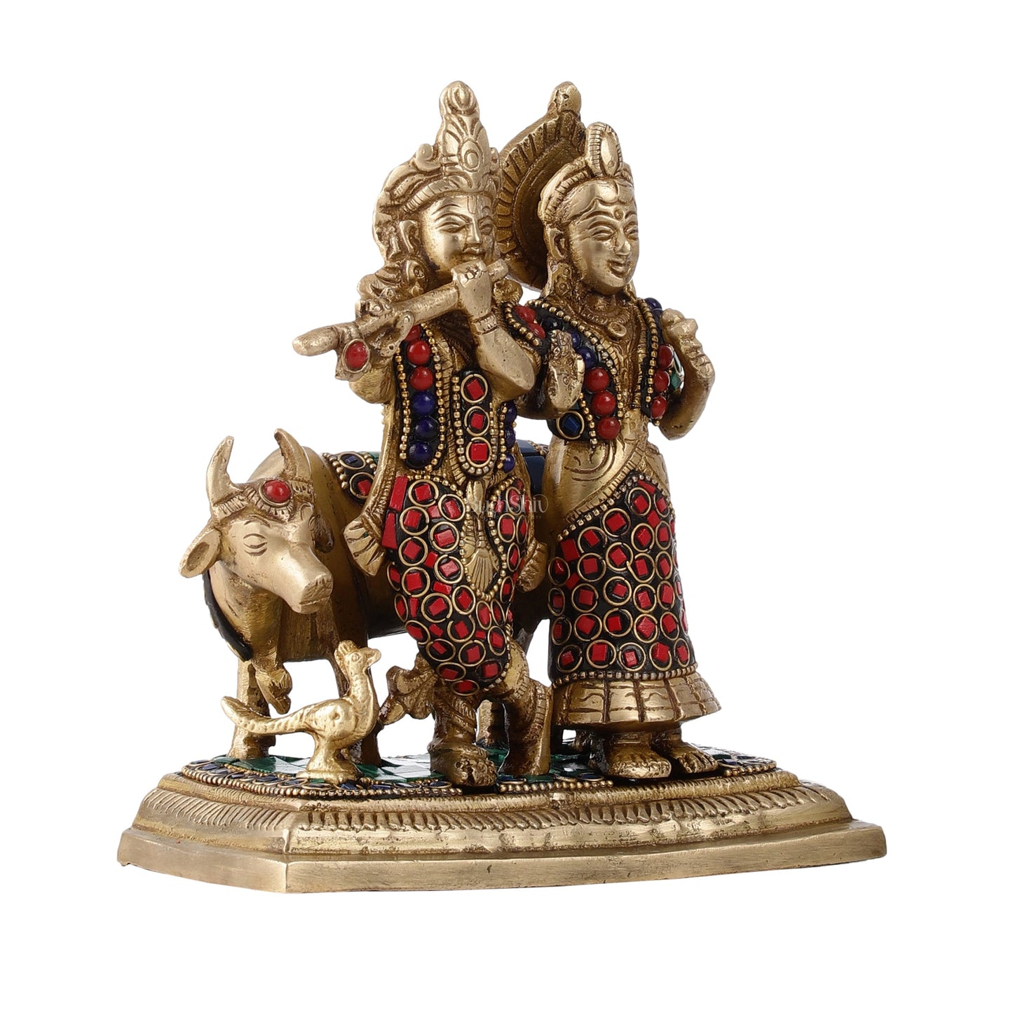 Pure Brass Radha Krishna with Cow Idol - Meenakari Stonework - 7" - Budhshiv.com