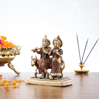 Pure Brass Radha Krishna with Cow Idol - Meenakari Stonework - 7" - Budhshiv.com