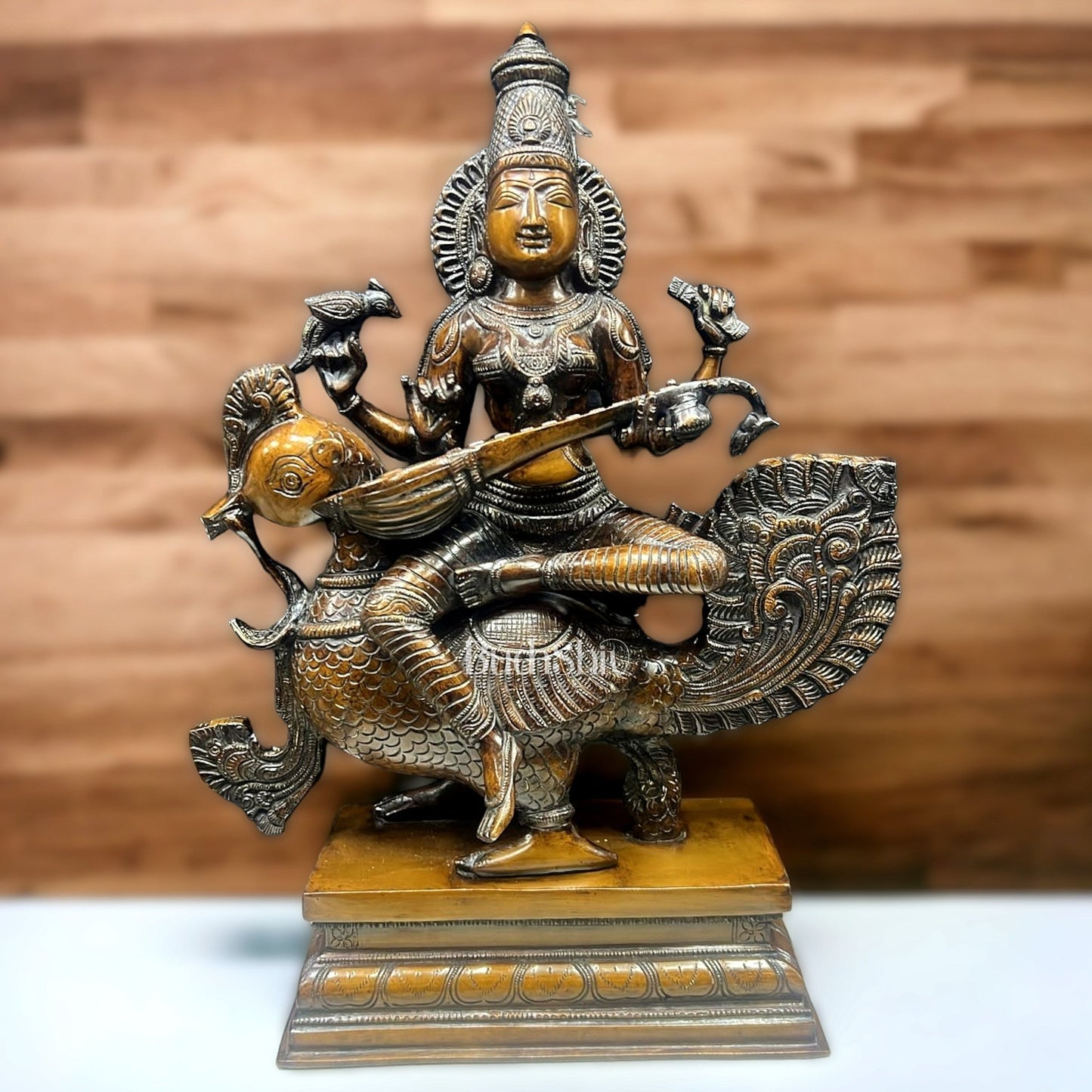 Pure Brass Superfine Goddess Saraswati Statue - 20" Height | Antique Bronze Touch" - Budhshiv.com