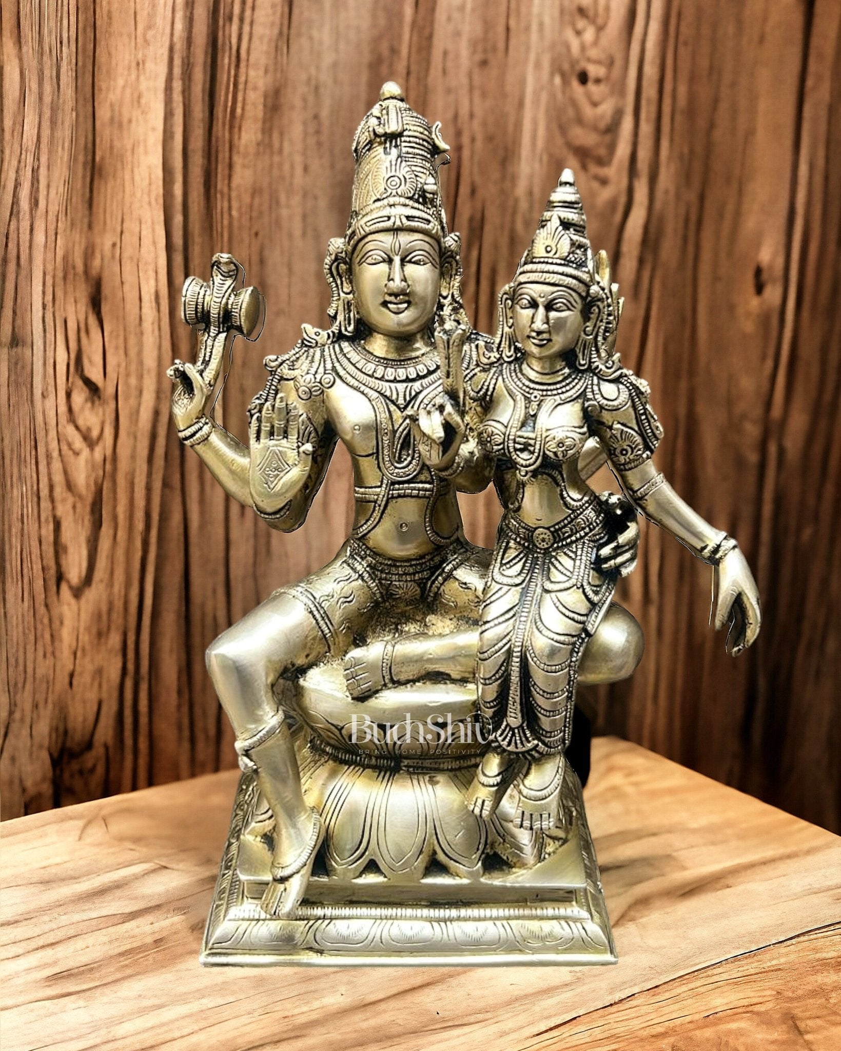 Pure Brass Superfine Lord Shiva and Goddess Parvati Idol - 15.5" - Budhshiv.com