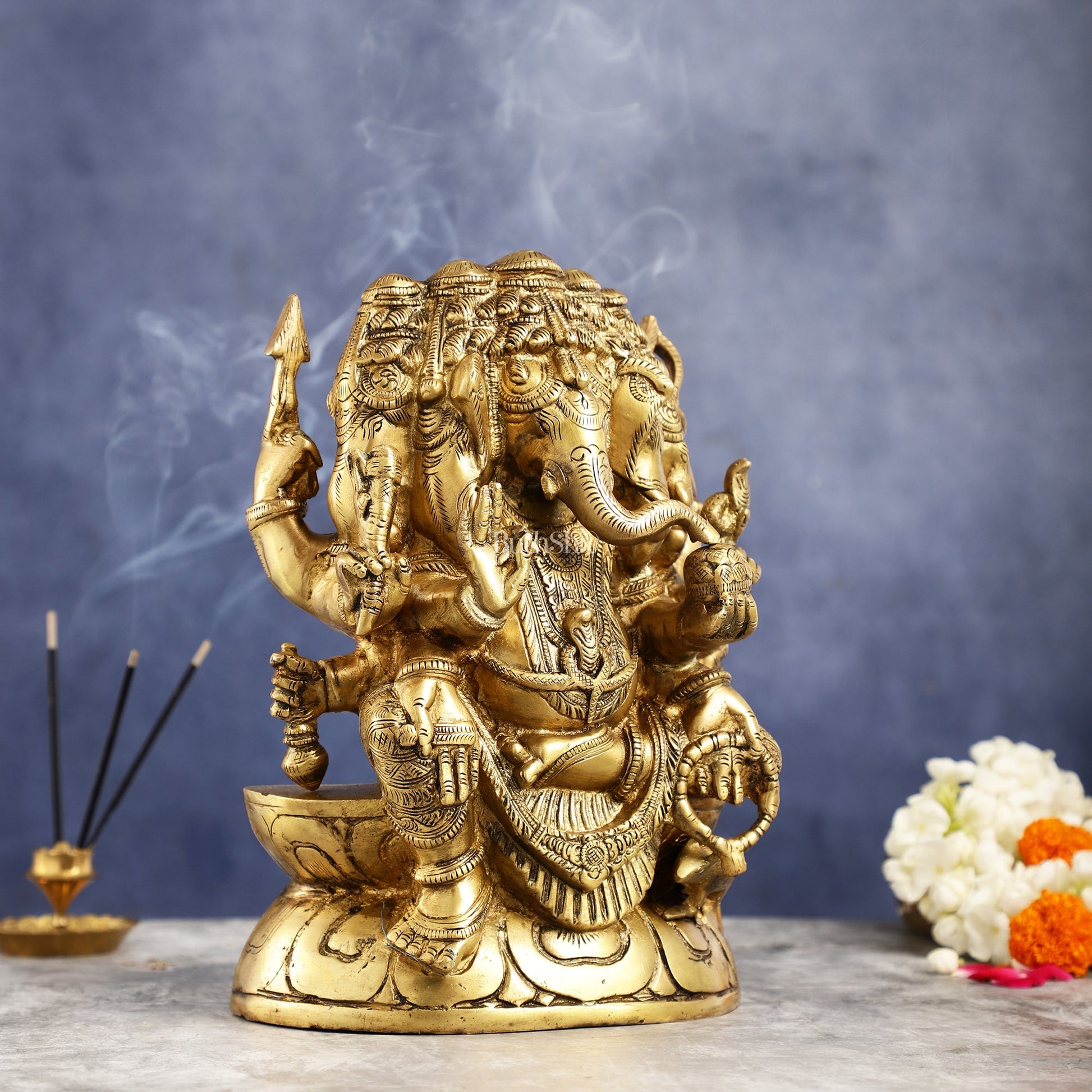 Pure Brass Superfine Panchmukhi Ganesha Statue - 11 inch - Budhshiv.com