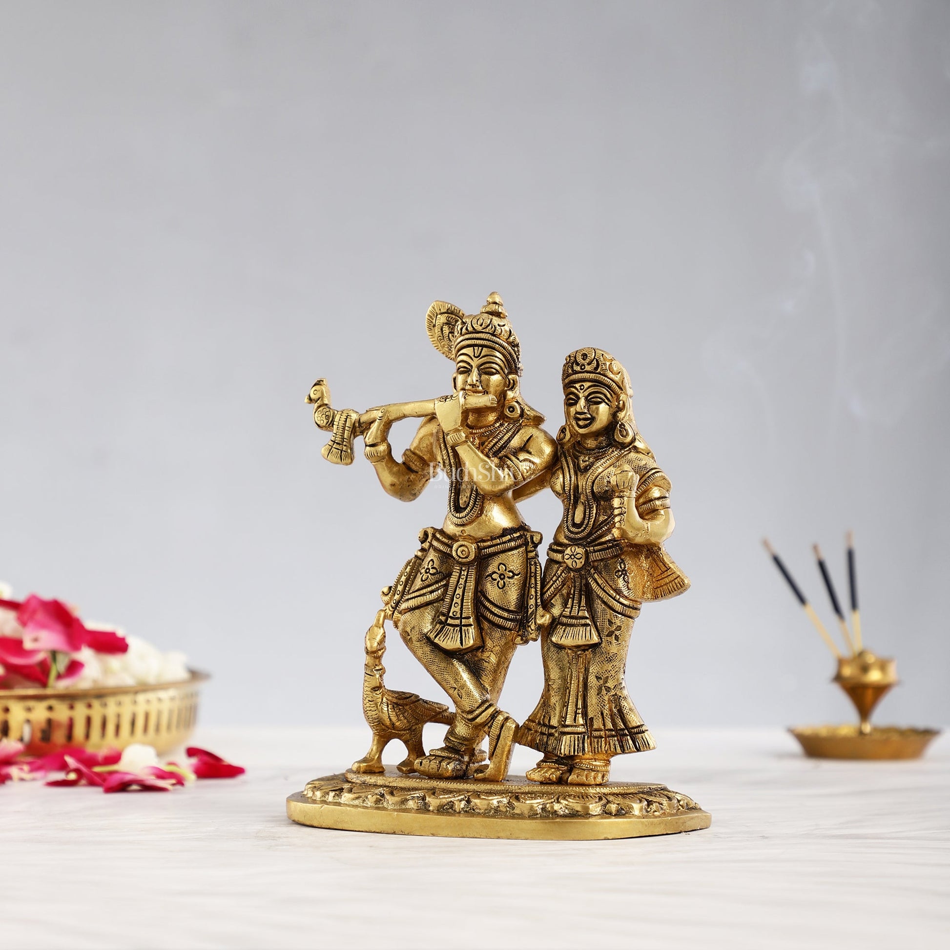 Pure Brass Superfine Radha Krishna Idol with Peacock 7 inch - Budhshiv.com