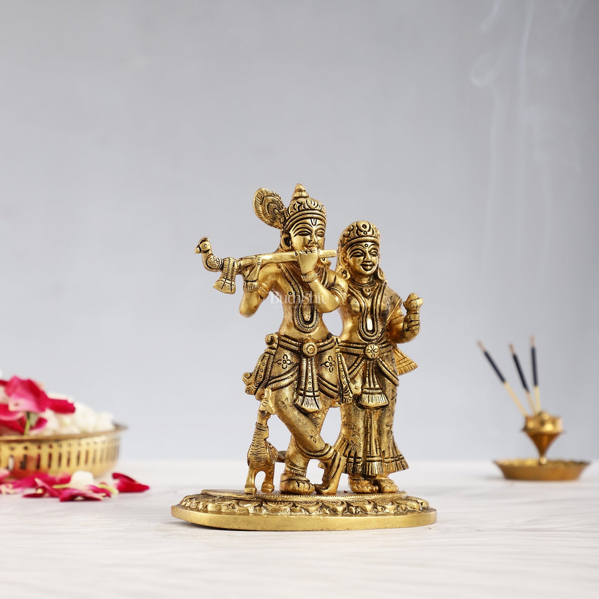 Pure Brass Superfine Radha Krishna Idol with Peacock 7 inch - Budhshiv.com