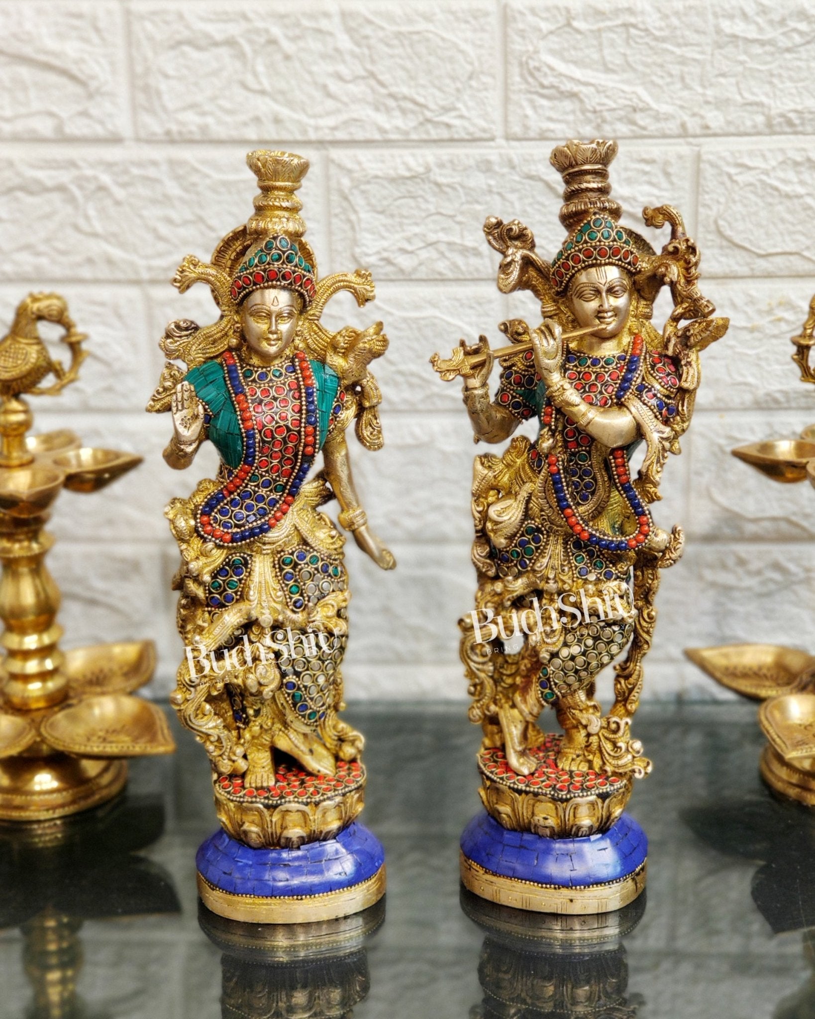 Pure Brass Superfine Radha Krishna Statues -Natural Stones | 14" Height - Budhshiv.com