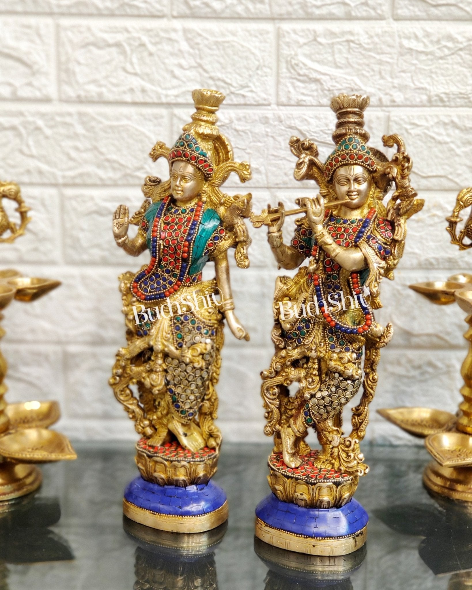 Pure Brass Superfine Radha Krishna Statues -Natural Stones | 14" Height - Budhshiv.com