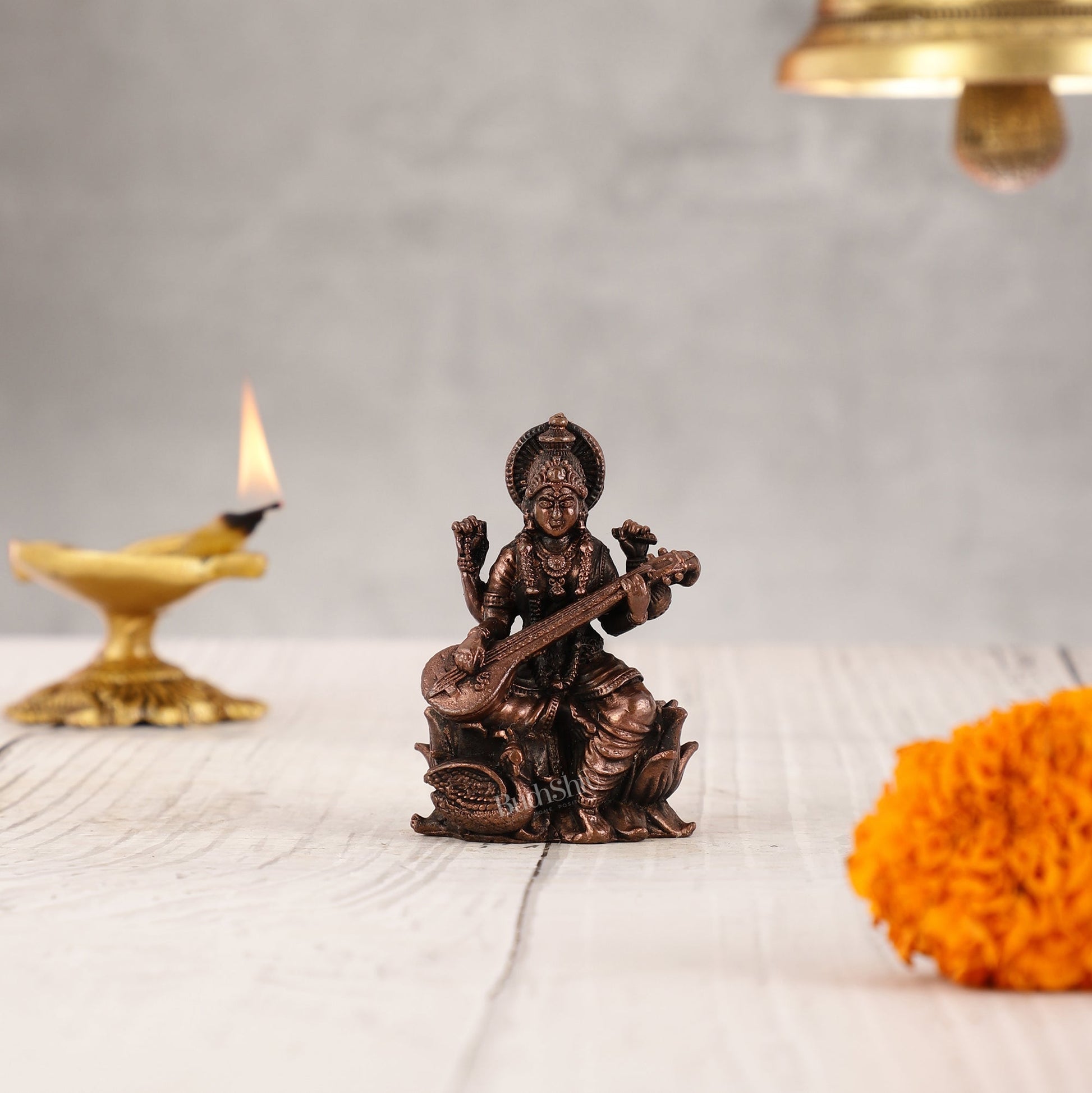 Pure Copper Goddess Saraswati Idol - 3 Inch Height | Divine Home Decor - Budhshiv.com