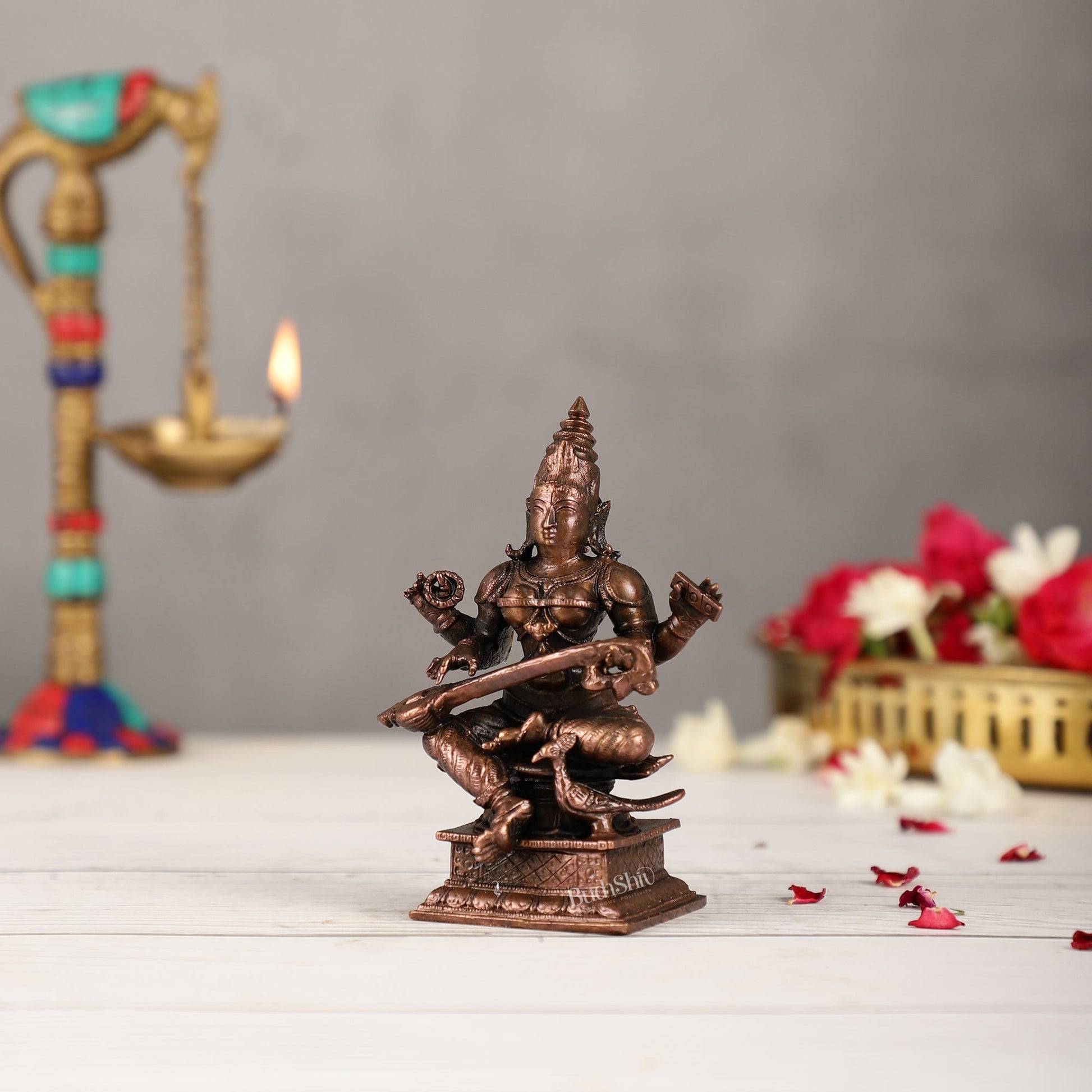 Pure Copper Goddess Saraswati Idol 4.5 inch | BudhShiv Brass Handicrafts - Budhshiv.com