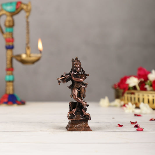 Pure Copper Lord Krishna with Cow Idol | Height 4.5 inch | BudhShiv Brass Handicrafts - Budhshiv.com