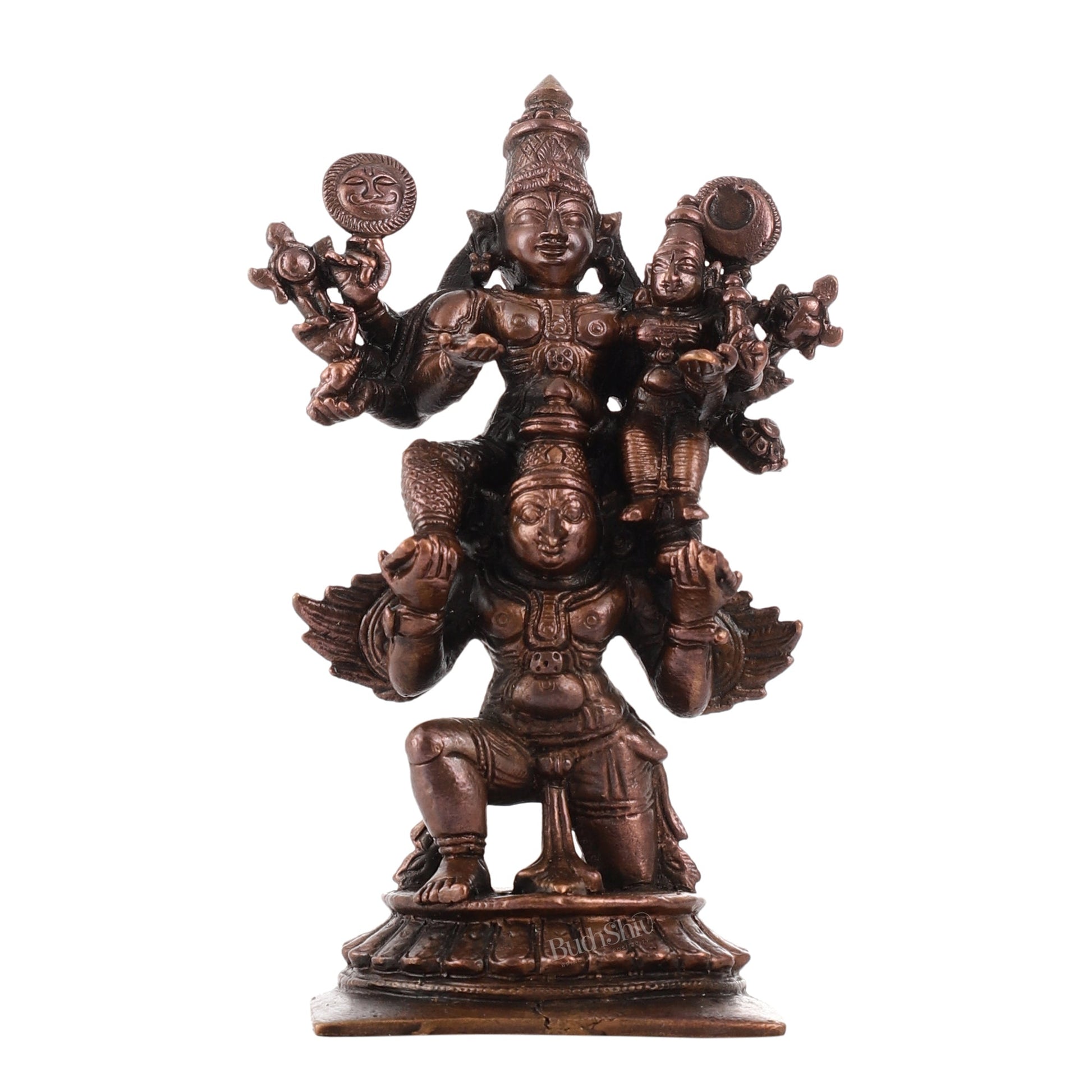 Pure Copper Lord Vishnu and Goddess Lakshmi Seated on Garuda Idol | Height 5 inch | BudhShiv Brass Handicrafts - Budhshiv.com