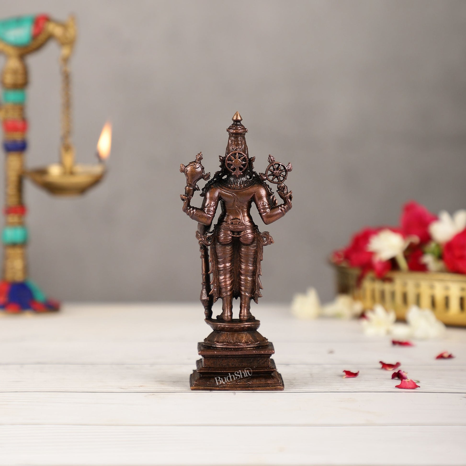 Pure Copper Standing Lord Vishnu Murti Idol - 5.5 inch | BudhShiv Brass Handicrafts - Budhshiv.com