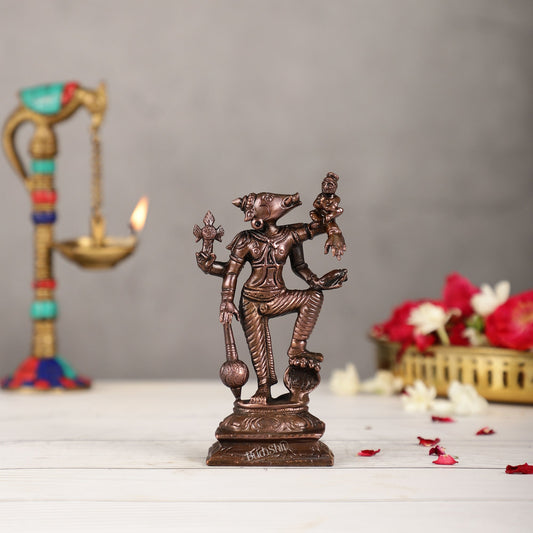Pure Copper Standing Varaha Lakshmi Bhoomi Devi Idol | Height 5.5 inch | BudhShiv Brass Handicrafts - Budhshiv.com