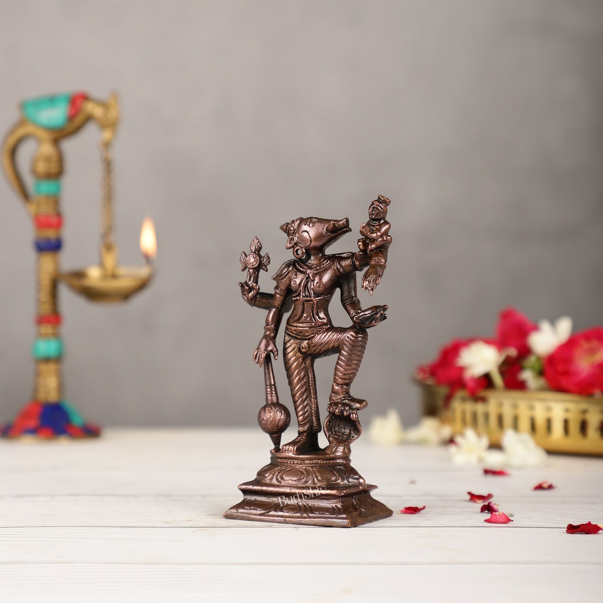 Pure Copper Standing Varaha Lakshmi Bhoomi Devi Idol | Height 5.5 inch | BudhShiv Brass Handicrafts - Budhshiv.com