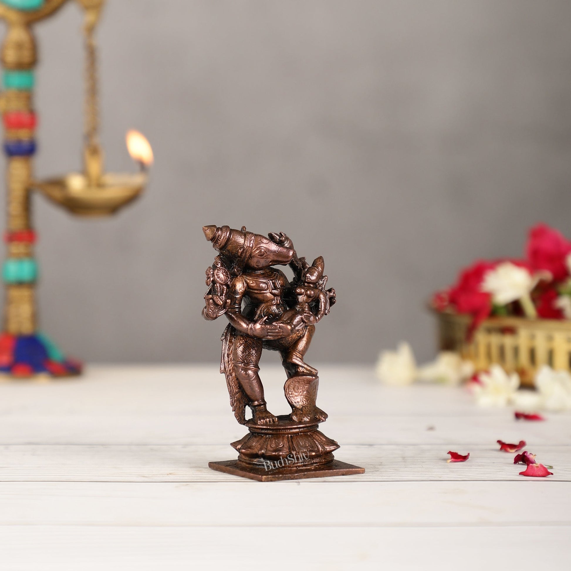 Pure Copper Varaha with Lakshmi Bhoomi Devi Idol | Height 3.5 inch | BudhShiv Brass Handicrafts - Budhshiv.com